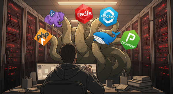 A guy in datacenter looks scared to a php-proxmox-redis-docker-hydra. 