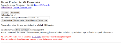 Flasher Webseite mit Warnung, dass man eine bestimmte Firmware flashen soll